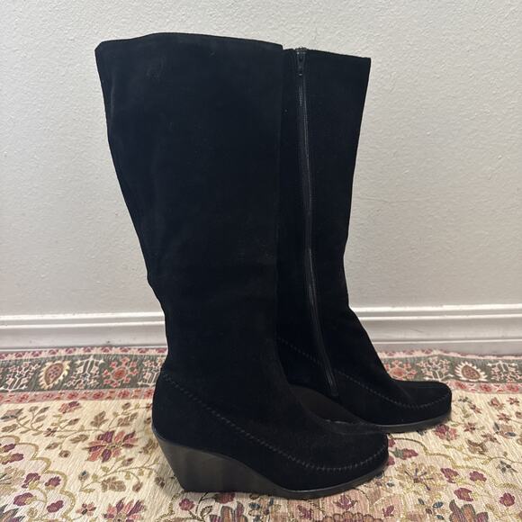 Aerosoles Binocular Black suede 808 Boots Wedge Platform Knee High Womens 8 New - Picture 1 of 9